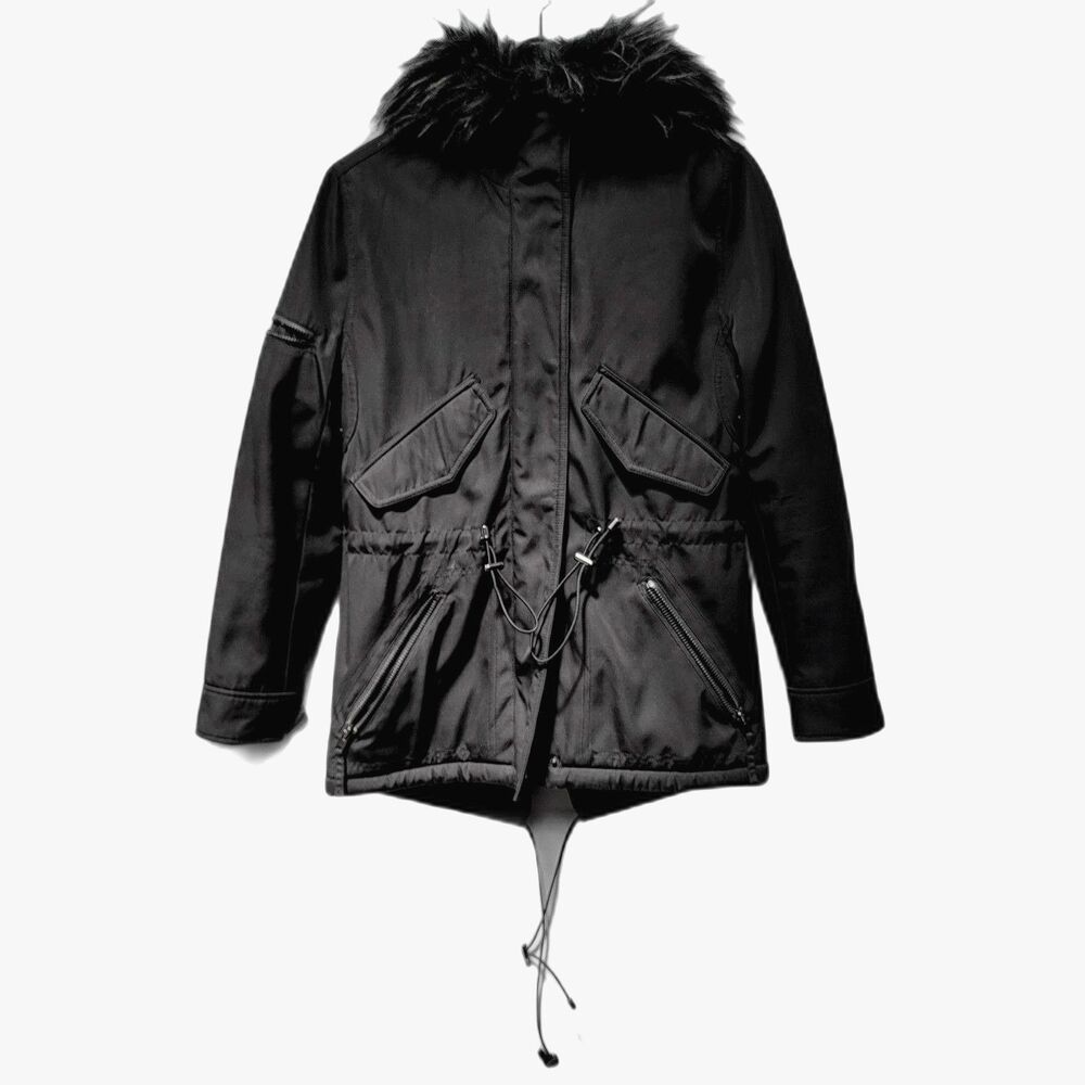 Aqua Black Coat Interior Faux Shearling Full Zip Faux Fur Hooded Jacket Parka XS